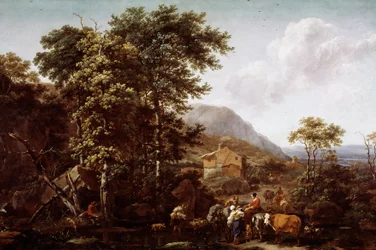 Táj és állatok. Nicolaes Berchem (1620-1683) holland festő festménye