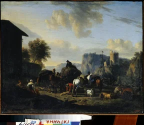 ""A konvoj többi része"" (A konvoj többi része) Utazó pásztorok csoportja, akik megállnak az úton. Nicolaes (Claes) Pietersz Berchem idősebb festménye (1620-1683) 17. századi Állami Szabadtéri Múzeum Gatchina palota, Szentpétervár