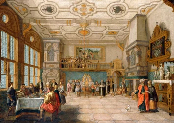 Lázár egy díszterem ajtajában elegáns figurákkal, étkezővel, 1622