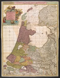 Hollandia térképe települések, mocsarak, erdők, dombok, utak, folyók és egyéb földrajzi jellemzők megjelenítésével, 1710 körül (színes metszet)