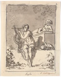 A lírájával ülő Sappho a háttérben egy hermafrodita nyugszik