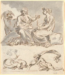 Apuleius „Az arany szamár” 4. könyvének jelenetvázlata. A rablóbanda házvezetőnője elmeséli a fiatal lánynak Ámor és Psyché mítoszát. Lent egy delfinpár és egy meztelen alak, esetleg Vízöntő – február és január égi jele