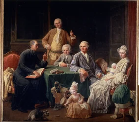 ""A Leroy család portréja"" Családi jelenet, amely összehoz egy papot, az anyát a gyerekekkel. Nicolas Bernard (1735-1784) festménye 1766-1767 Méret: 136x147 cm Puskin Múzeum, Moszkva