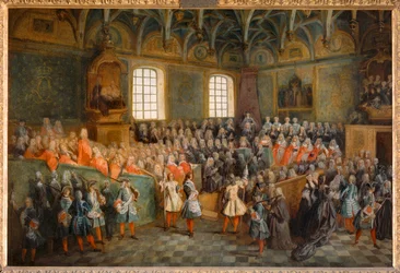 A Bíróság (Lit de Justice) ülése, amelyet a Parlamentben tartottak 1723. február 22-én ...