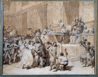 Francia forradalom: a Nemzeti Konvent 1794. 4/02-án (II. év pluviôse havának 16. napján) Párizsban elrendeli a gyarmati rabszolgaság eltörlését. Tusrajz. Méretek: 0,26 x 0,33 m. Párizs, Musée Carnavalet