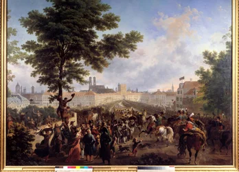 A Bonaparte Napóleon császár (1769-1821) által vezényelt francia hadsereg beléptetése Münchenben, az 1805.10.24. Nicolas Antoine Taunay (1755-1830) festménye XIX. Homályos. 1,8x2,2 m.