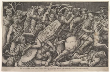 Római katonák harcoló dákok ellen, csatajelenet sekély mélységben lovakkal és hor..., 1553.