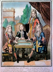 XIV. Lajos (1638-1715) unokái, Lajos, Burgundia hercege (megh. 1712), Fülöp, Anjou hercege (1683-1746) és Károly, Berry hercege, apjukkal, Lajossal (megh. 1711), Franciaország dauphinjével, trictracot játszanak (Trictrac vagy Trictrac: a backgammon őse)