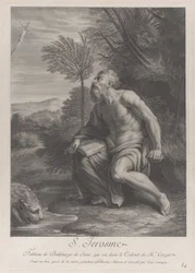 Szent Jeromos egy fa mellett ül, feszületre néz, oroszlánt iszik egy patakból..., 1728