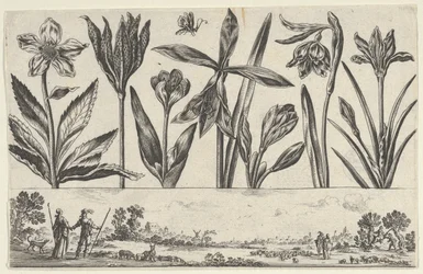 Vízszintes tábla virágsorral a fríz felett, figurákkal egy tájban, Li..., 1645.