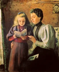 ""Segítség az olvasáshoz"" Részlet. Nicolas Esparza Perez (1873-1928) festménye. 1880. december Pamplona. Navarra Múzeum.