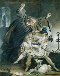 Esmeralda, Phoebus és Claude Frollo (Victor Hugo: Notre-Dame de Paris). Nicolas Eustache Maurin illusztrációja, 1799-1850. Magángyűjtemény