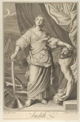 Judith áll és felnéz, bal kezében Holofernész fejét tartja és..., kb. 1718-61.