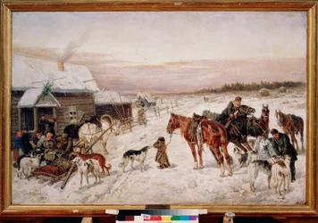 Kocsma előtt télen – Nyikolaj Jegorovics Svercskov (Nicolas Swertschkoff) festménye (1817-1898), olaj, vászon