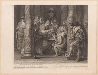 Konstantin császár megkeresztelkedése I. Silveszter pápa által Constantinus baptismo solemniter initiatus / Constantin reçoit solemnelllement le baptème (cím a tárgyon) Nagy Konstantin császár története (sorozat címe)