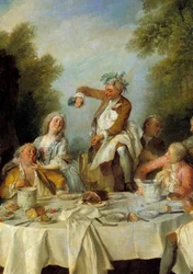 Sonkás reggeli. A nemesség vidéki lakomájának jelenete egy sonka körül. Részlet. Nicolas Lancret (1690-1743) festménye, 1735. H. 1,8 x 1,2 m, Chantilly, Condé Múzeum