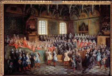 XV. Lajos király többsége által tartott igazságszolgáltatás a párizsi parlament nagytermében február 22-én