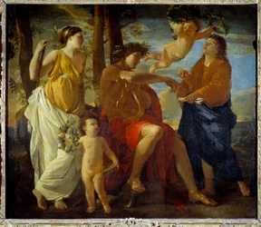 Az Un poete költő inspirációját, babérkorona kezében és fejdíszében lírát múzsák és putti veszik körül. Nicolas Poussin festménye