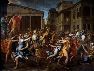 A szabinok eltávolítása a rómaiak által. A bal oldali Romulus figyeli a jelenetet. Nicolas Poussin festménye