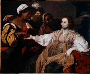 A jósnő Egy nő jött, hogy konzultáljon egy tenyérjósnővel. Nicolas Regnier (1591-1667) festménye V. 1,2x1,5 m
