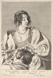 Delila Sámson haját készül levágni ollóval a jobb kezében, a mellkasa alatt..., kb. 1629.