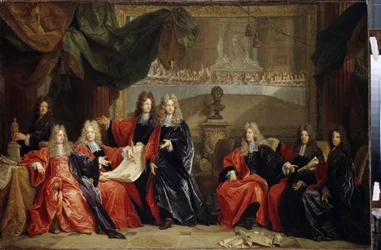 Párizs város prépostjai és magisztrátusai a Napkirályként (1638-1715) ismert XIV. Lajos király ünnepi vacsorájáról tárgyalva a Hôtel de ville-ben az 1687-es restaurálása után (Párizsi prépost és városi bírák tárgyalják Lou ünnepét
