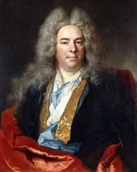 Jacques Vincent Bassablons, a király tanácsadója félhosszú portréja, kék kabátot visel, aranyhímzett mellényrel és piros pánttal, 1718