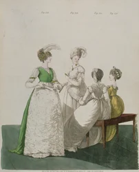 Négy lány báli ruhában a "Gallery of Fashion"-ból, N. Heideloff, 1800. április