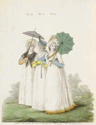 Reggeli ruhák, füge. 107., 108. és 109. Nikolaus Heideloff „Gallery of Fashion” című művéből. II, 1796. augusztus (nyomtatás)