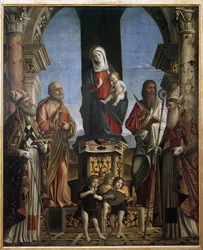 Szűz és gyermek a trónon Szent Miklóssal, Szent Péterrel, Szent Borbálammal és Szent Ágostonnal (olaj, vászon