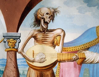 Halál mandolán játszik, a Halál, a pátriárka és a püspök részlete a Haláltánc ciklusából, Albrecht Kauw