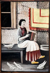 Sona Gorashvili harmonikán játszik par Pirosmani, Niko (1862-1918). Olaj, karton, mérete: 109x71