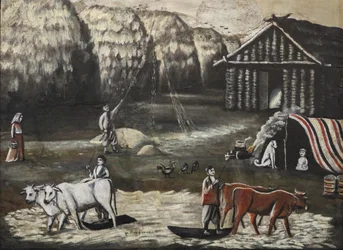 Cséplőudvar. Este (terrain de battage, le soir) par Pirosmani (Pirosmanashvili), Niko (1862-1918). Olaj, karton, mérete: 77x106