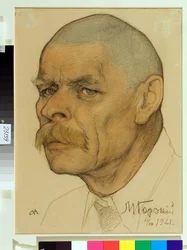 Maxime Gorki orosz író (1868-1939) portréja - Nyikolaj Andrejevics Andrejev (1873-1932) munkája, vér és kréta papíron (32,6x24,3 cm)