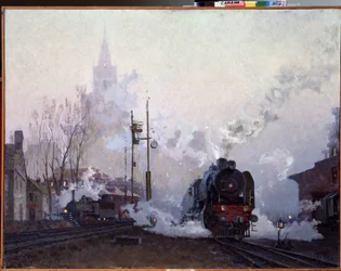 Úton (On the Way). A gőzmozdonyok kéményeik füstjébe fojtják a városi tájat. Nyikolaj Dmitrijevics Kuznyecov (1923-1974) festménye, olaj, vászon