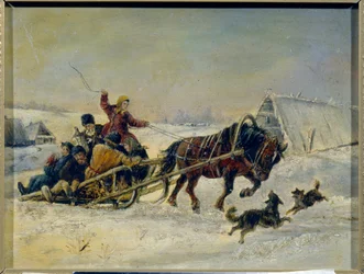 Mardi Gras (búcsúbúcsú). (Az ünnepek után egy nő kíséri a részeg férfiakat lovas szánján). Nyikolaj Jegorovics Svercskov (Nicolas Swertschkoff) (1817-1898) festménye, olaj, vászon. orosz művészet