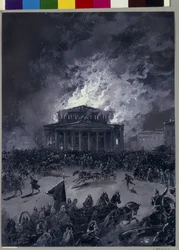 Tűz a Bolsoj Színházban Moszkvában (Oroszország), 1853. március 11. (A tömeg mozgása az épület előtt és a tűzoltók érkezése) - Nyikolaj Nyikolajevics Karasin (1842-1908) alkotása, gouache papíron - orosz művészet , második század fele - St