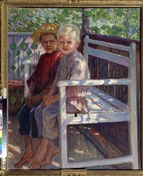 Gyermekek (Gyermekek). Két gyerek, az egyik szőke, a másik barna hajú, mezítláb ül egy padon a napon. Nyikolaj Petrovics Bogdanov Belszkij (Bogdanov-Belsky) (Bogdanov-Belsky) (Bogdanov-Belsky) festménye (1868-1945). Olajfestmény