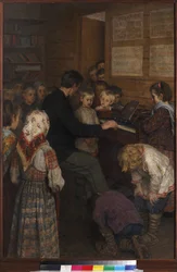 Bogdanov-Belsky, Nyikolaj Petrovics (1868-1945) énekórája a falusi iskolában (a tanár harmóniumon játszik). olajfestmény