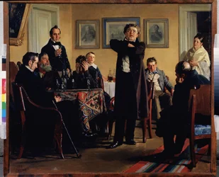 Pavel Mochalov (1808-1848) színész körülveszi tisztelőit. (P. Mochalov színész a rajongói között). A romantikus Oroszország legnagyobb tragédiájának tartják, egy privát szalonban tolmácsolja a szerepet, a nézők figyelmesek és érzelmektől elragadtak.
