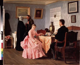 A párkeresés. Egy csésze tea köré szervezett találkozó, egy fiatal pár esküvőjének megszervezésére. Nyikolaj Vasziljevics Nevrev (1830-1904) festménye, olaj, vászon