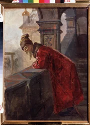 Bojár (boiár, boiár) hagyományos ruhában a 16. század végén-17. század eleji Oroszországban (Boyar a verandán) - Nyikolaj Vasziljevics Nevrev (1830-1904) festménye - Olaj, vászon - Állami Regionális I. Pozhalostin Művészeti Múzeum, Rjazan