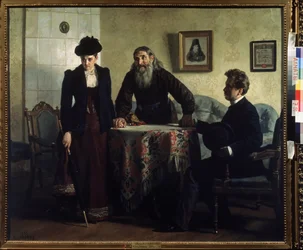 A Remonstrance (An Admonition). Egy házassági válságban lévő házaspár meglátogat egy ortodox papot, és erkölcsi leckét kap. Nyikolaj Vasziljevics Nevrev (1830-1904) festménye, olaj, vászon