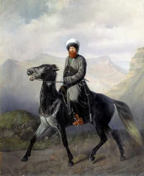 Samil (Samil imám, Shamil) (1797-1871), az észak-kaukázusi muszlim törzsek vezetőjének lovas portréja