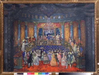 Labda. (Arisztokrata társaság estéje egy orosz palotában). Nyikolaj Nyikolajevics Sapunov (Szapunov) (1880-1912) munkája, tempera kartonon