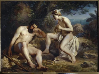 Mercury and Argus - Mercury Lulling Argus Sleep - Koshelev, Nikolai Andreyevich (1840-1918) - 1864 - Olaj, vászon - 138x179 - Museum of Fine Arts Academy, Szentpétervár. Szentpétervár