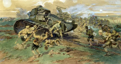 Egy tank elfogása a Krím-félszigeten. Csatajelenet az orosz polgárháború idején (1917-1923), a Fehér Hadsereg és a Vörös Gárda ellentéte. Nyikolaj Szemjonovics Samokish (1860-1944) munkája, akvarell papíron