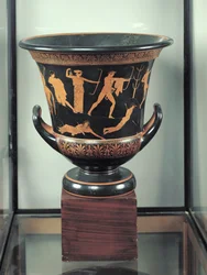 A niobidok halálát ábrázoló tetőtéri vörös alakos kehelykráter, ie 460-50 körül (kerámia) (lásd még 92576-77)