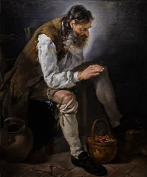 Télen. Öregember kezét melegíti a tűzhelyen, 1747 körül (Olaj, vászon)