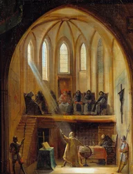 „” Galilea (1564-1642) részlete az Inkvizíció Törvényszéke előtt” Galileo Galilei olasz csillagászt 1633-ban elítélték a Kopernikusz univerzum heliocentrikus modellelméletének védelmében végzett munkája miatt. Joseph Clerian festménye (1796-1842).